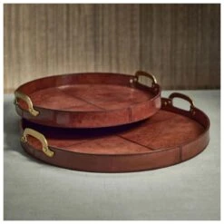 Harlow Leather With Brass Handles Round Tray 24"Inch -Best Decoration Shop zodax in 7376c