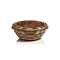 Layla Hand Woven Rattan And Acacia Wood Bowl - Gray