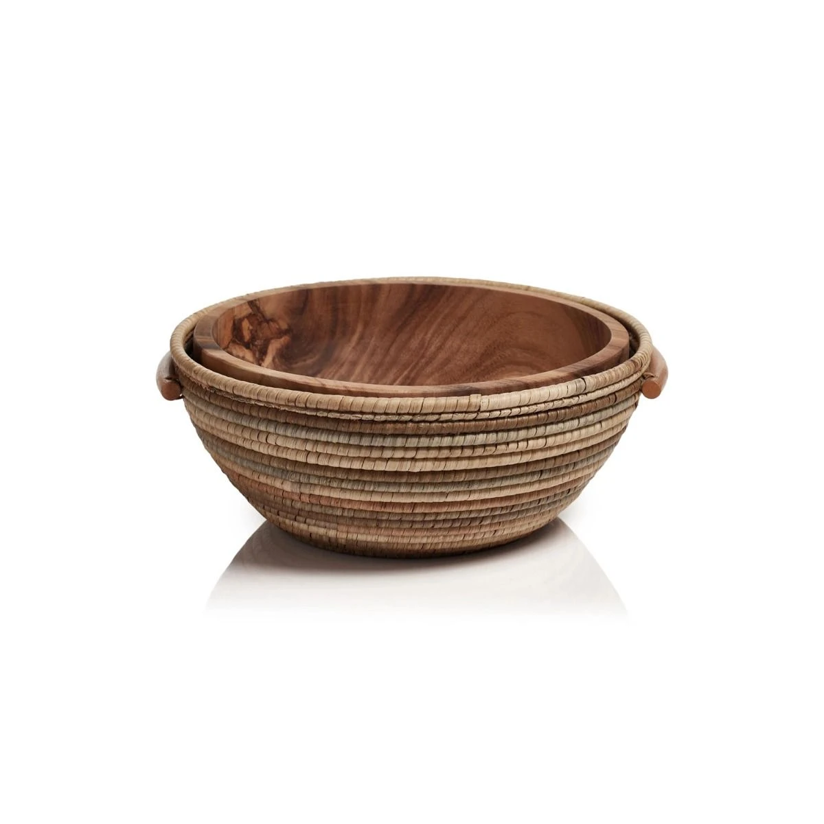 Layla Hand Woven Rattan And Acacia Wood Bowl - Gray 3 Layla Hand Woven Rattan And Acacia Wood Bowl - Gray