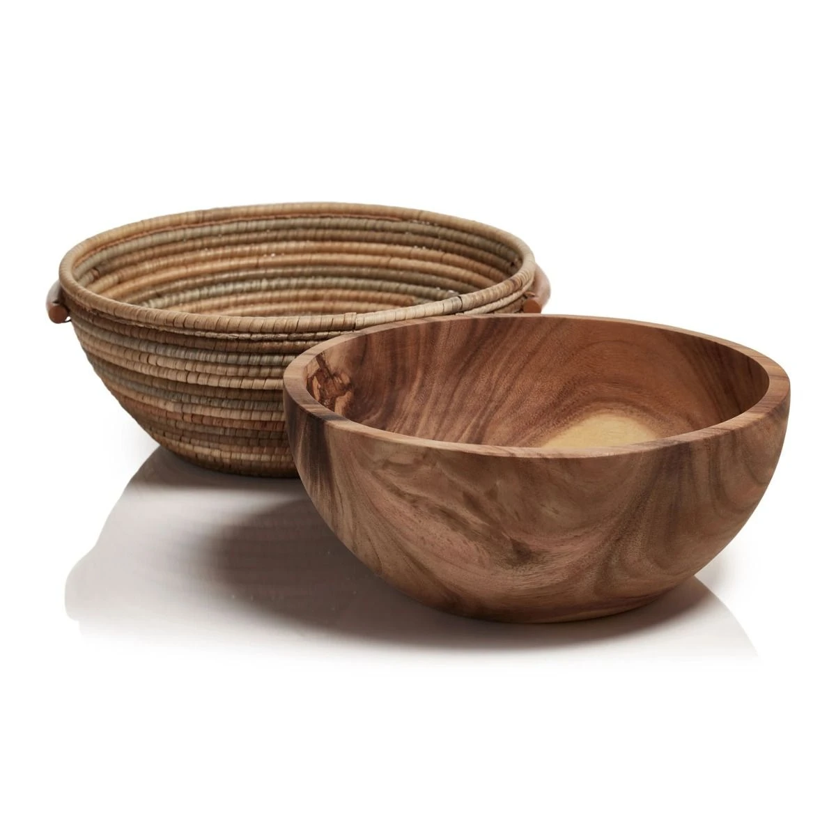Layla Hand Woven Rattan And Acacia Wood Bowl - Gray 6 Layla Hand Woven Rattan And Acacia Wood Bowl - Gray - Image 4