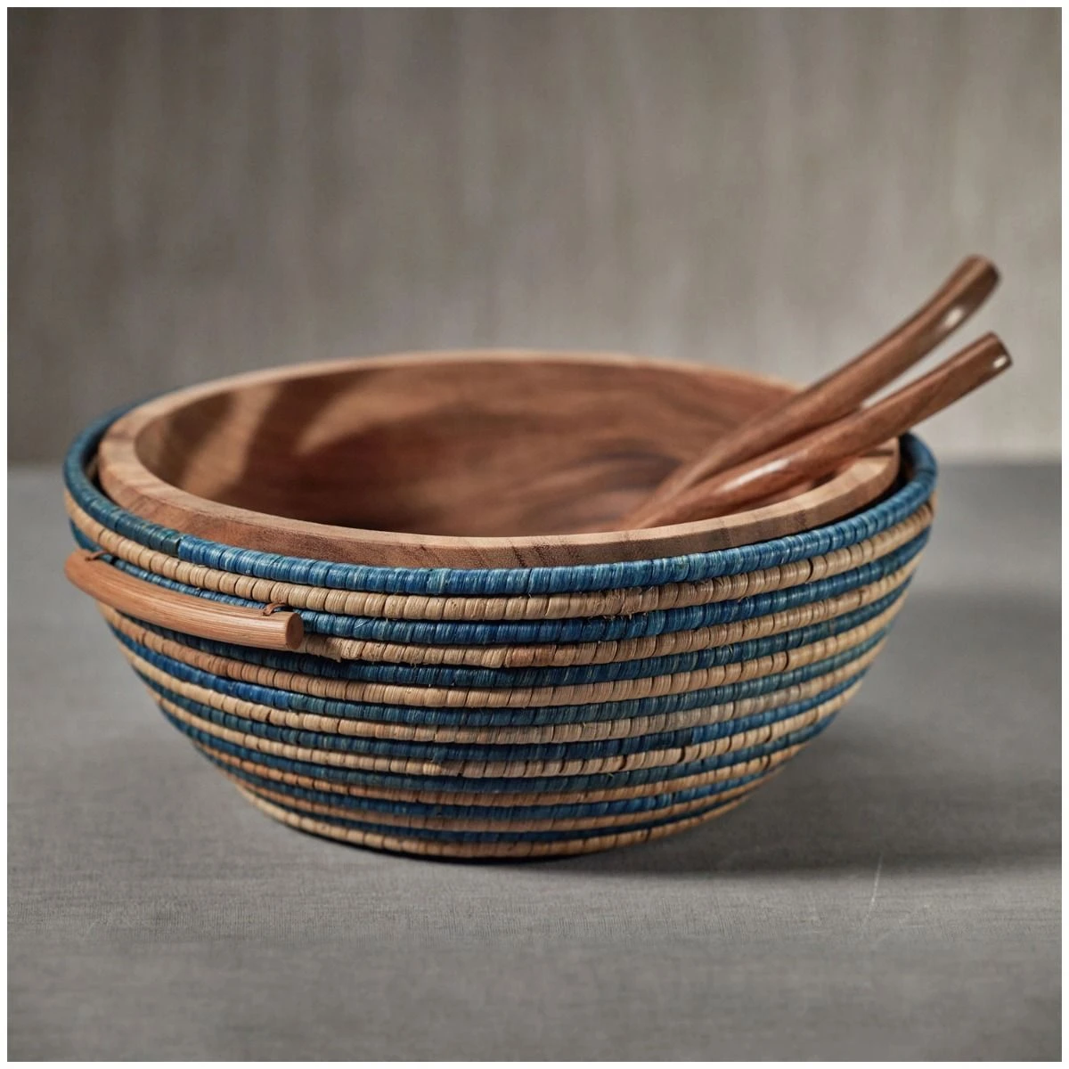 Layla Hand Woven Rattan And Acacia Wood Bowl - Blue 4 Layla Hand Woven Rattan And Acacia Wood Bowl - Blue - Image 2